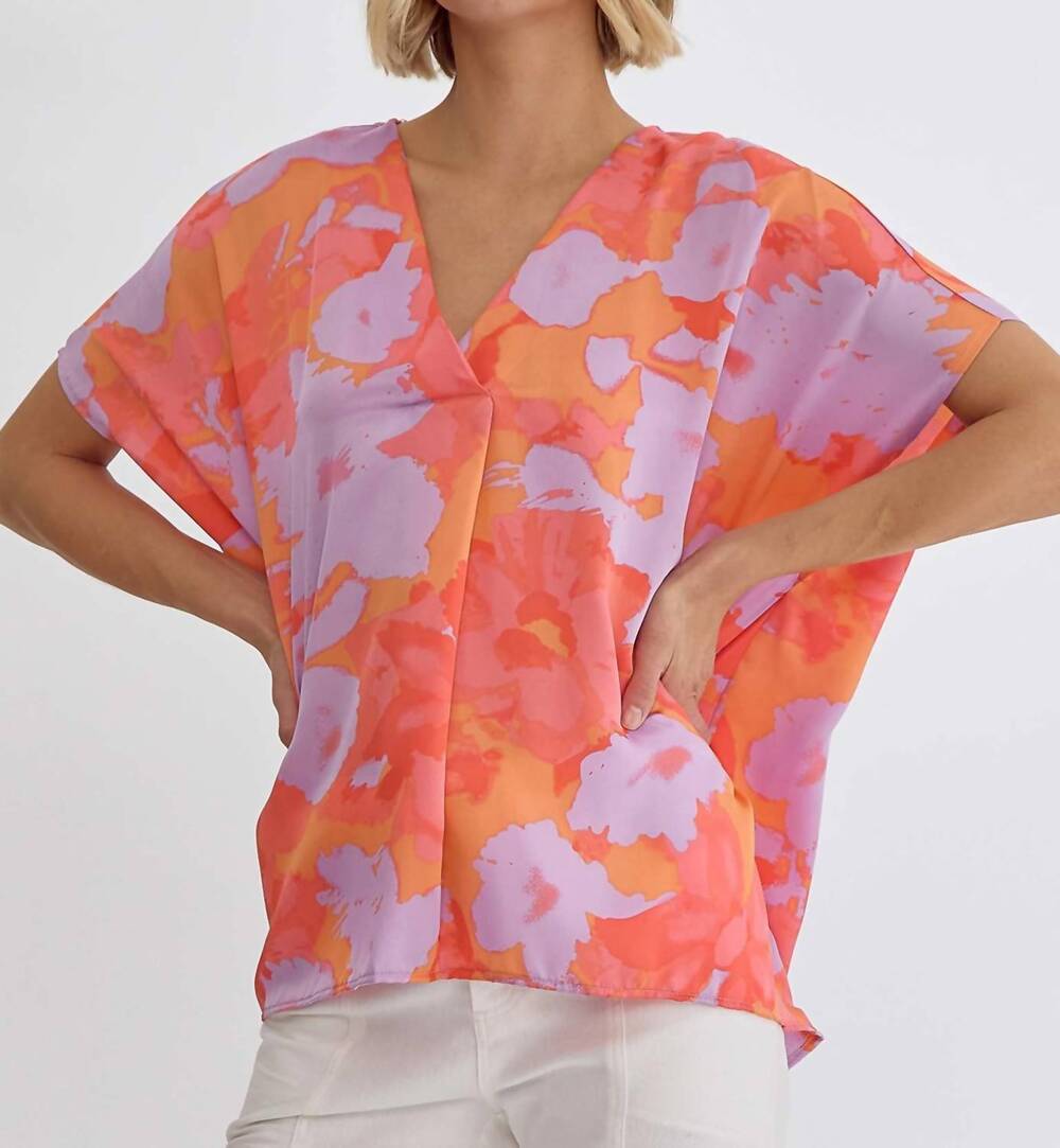 NEW ENTRO v-neck kimono-style sleeve blouse in pattern
